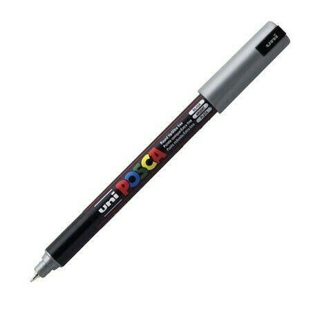 Posca PC-1MR Marcador de Pintura - Punta Roller de Fibra 0.7mm - Tinta Pigmentada Base al Agua - Resistente a la Luz - Color Plata