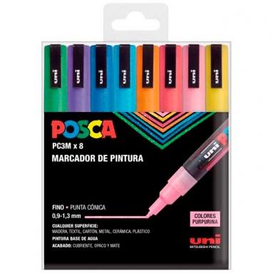 Posca PC3M Marcadores de Pintura - Punta Conica 0.9-1.3mm - Tinta Base al Agua - Resistente a la Luz - Ideal para Carteleria y Decoracion - Colores Purpurina Surtidos
