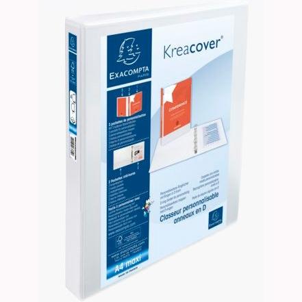 Classeur à anneaux EXACOMPTA, couverture doublée KREACOVER 30 mm, format A4+, personnalisable, 3 poches extérieures, blanc