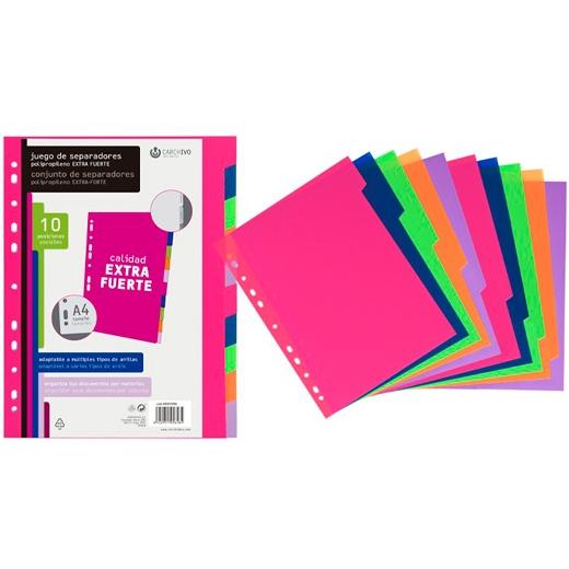 Intercalaires A4 à 10 positions, en polypropylène extra résistant, couleurs tendance