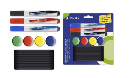 Bismark Pack de 3 Rotuladores para Pizarra + 4 Imanes + Borrador - Colores Surtidos